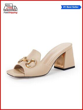 Women's Peep Toe Chunky Heel Mules Slip-On Sandals with Metal Chain